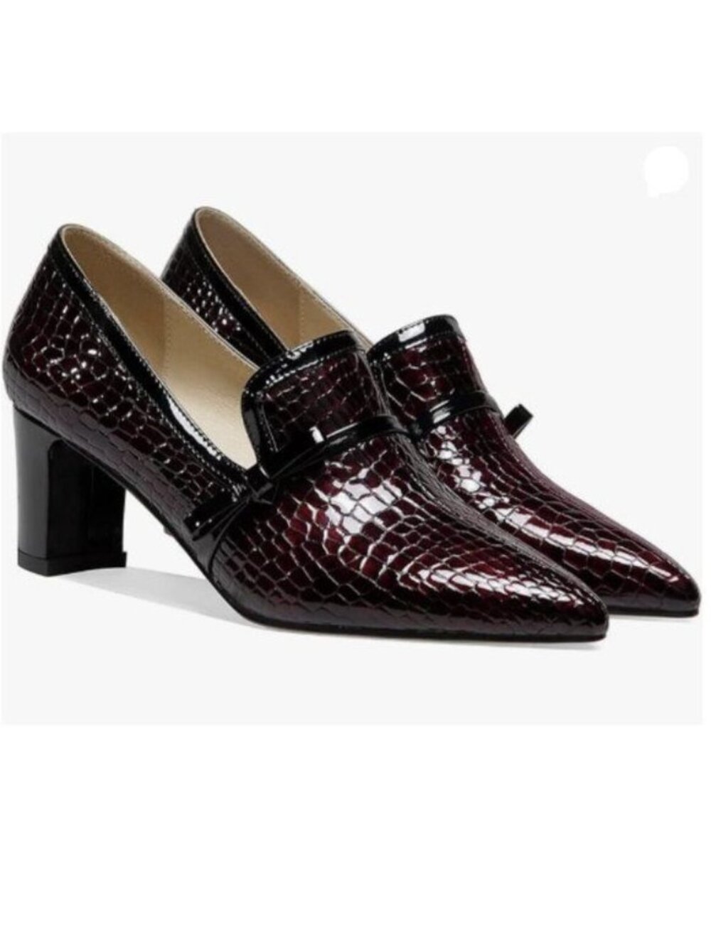 FOWT Women's Mini Bowknot Croc-Embossed Leather Pointed Toe Black Loafers Brown